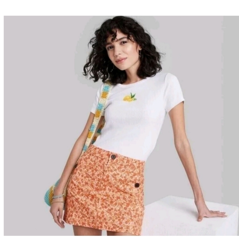 Wild Fable High Rise Chino Orange Floral Mini Skirt